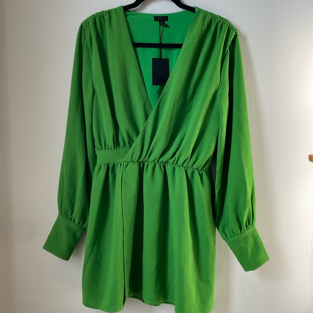 NBD Benita Mini Dress in Moss Green deep v neck, long sleeves buttons.  Side zip